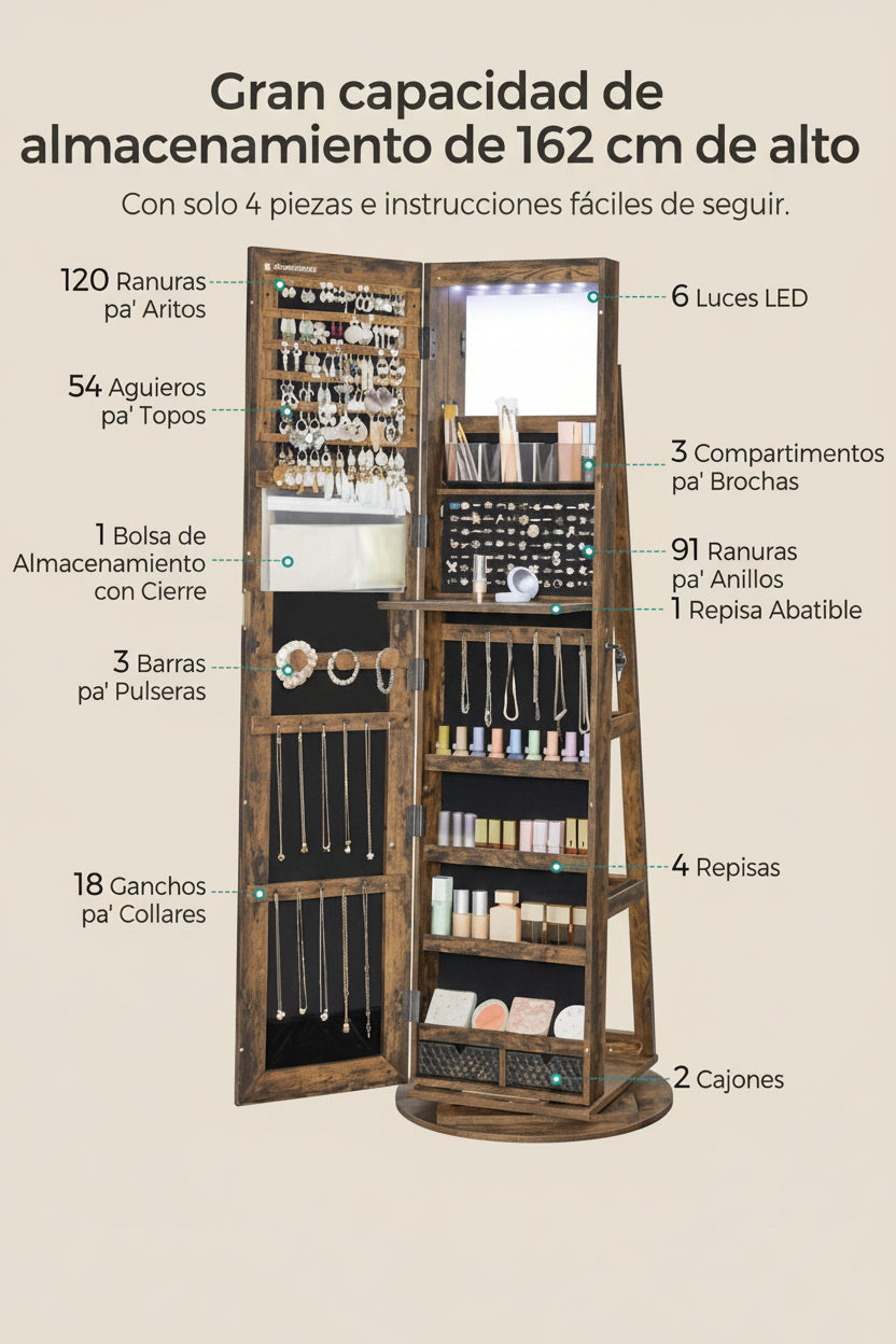 Espejo Joyero 360° con Luz LED