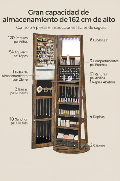 Espejo Joyero 360° con Luz LED